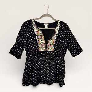 Sundance Black Embroidered Boho Romantic Peplum Top Small